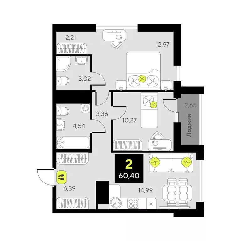 2-комнатная квартира: Тюмень, улица Ивана Чистякова, 3 (57.1 м) - Фото 1