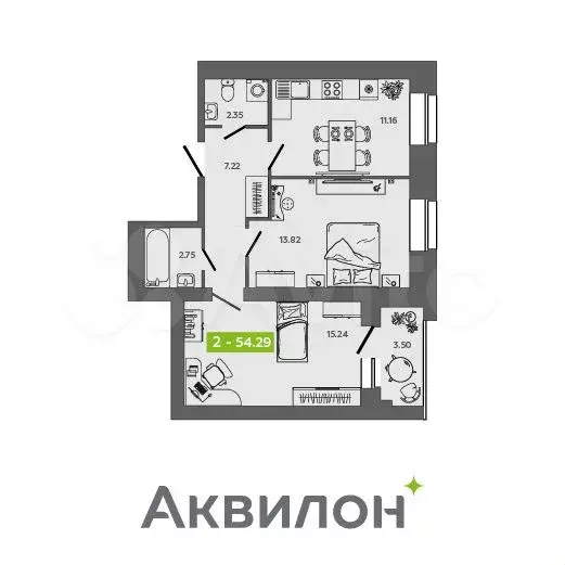 2-к. квартира, 54,3 м, 8/9 эт. - Фото 0