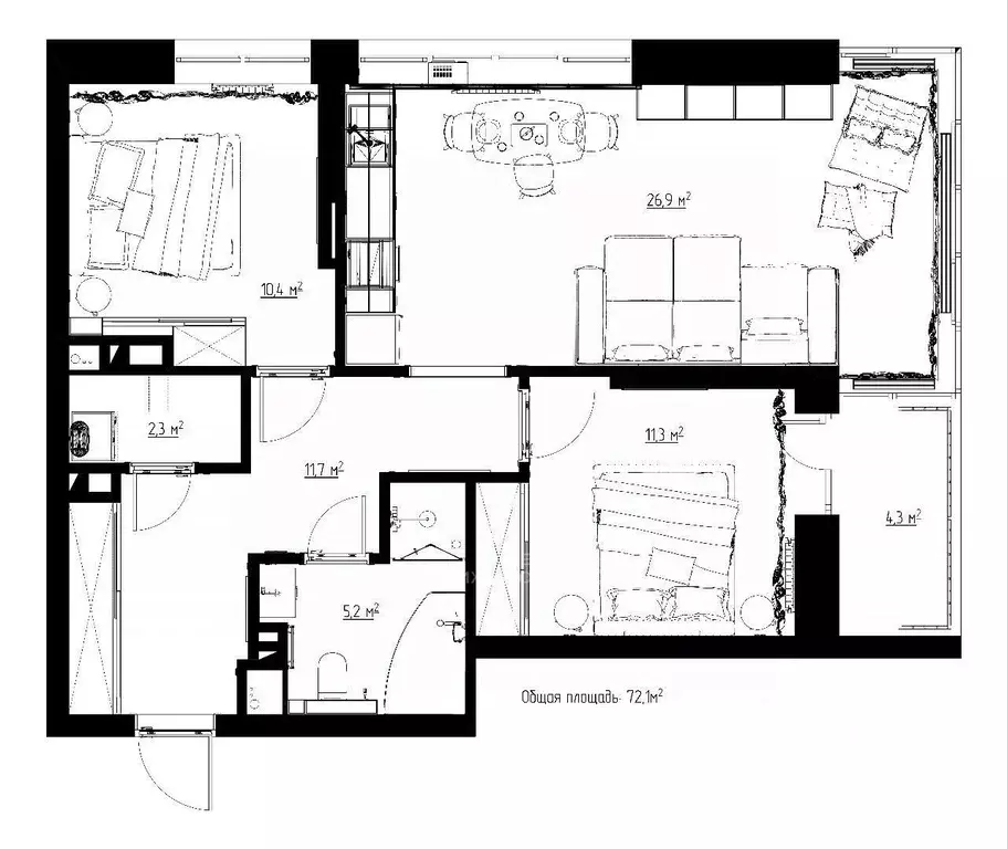 3-к кв. Татарстан, Казань Комсомольская ул., 2 (70.0 м) - Фото 2