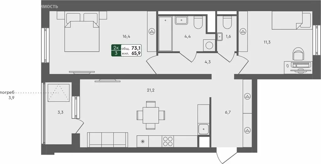 1-комнатная квартира: село Ембаево, Бульварная улица, 11 (51.8 м) - Фото 1