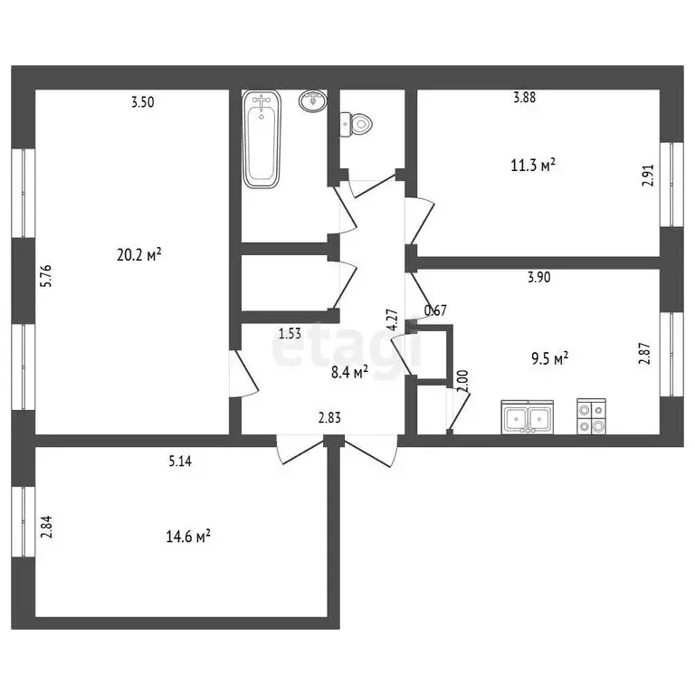 3-комнатная квартира: село Калмаш, улица Зуфара Галиева, 1 (72 м) - Фото 1