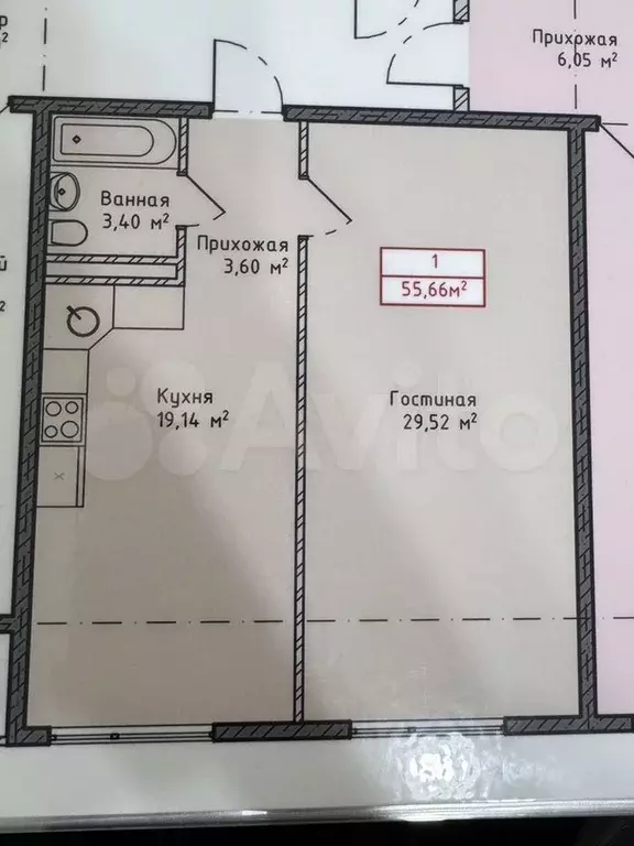 1-к. квартира, 55,7 м, 2/16 эт. - Фото 0