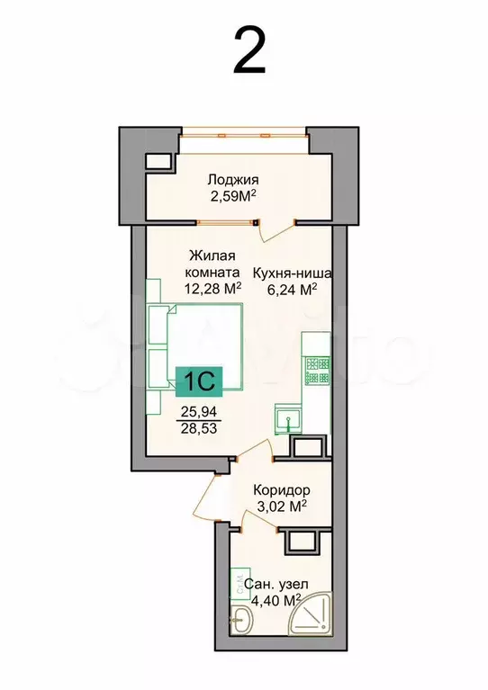 Квартира-студия, 28,5 м, 5/9 эт. - Фото 0