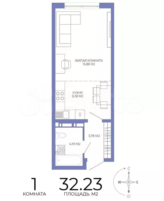 Квартира-студия, 32,2 м, 3/18 эт. - Фото 1