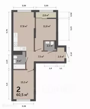 Продаётся 2-к квартира, 60.5 м - Фото 0
