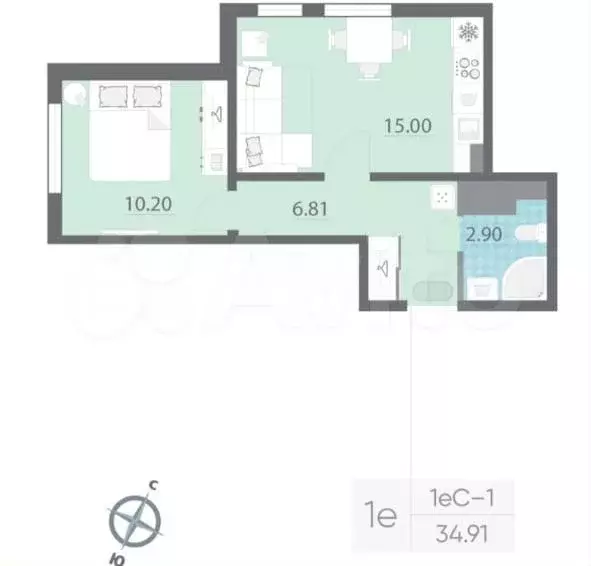 1-к. квартира, 34,9 м, 7/19 эт. - Фото 0