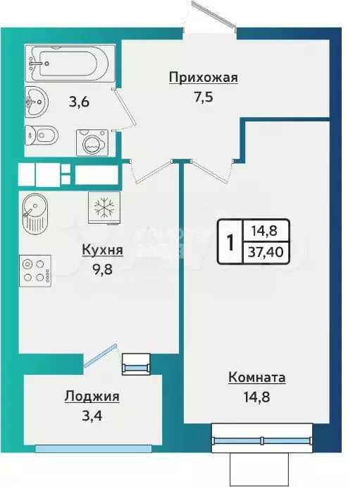 1-к. квартира, 37,4 м, 13/15 эт. - Фото 0