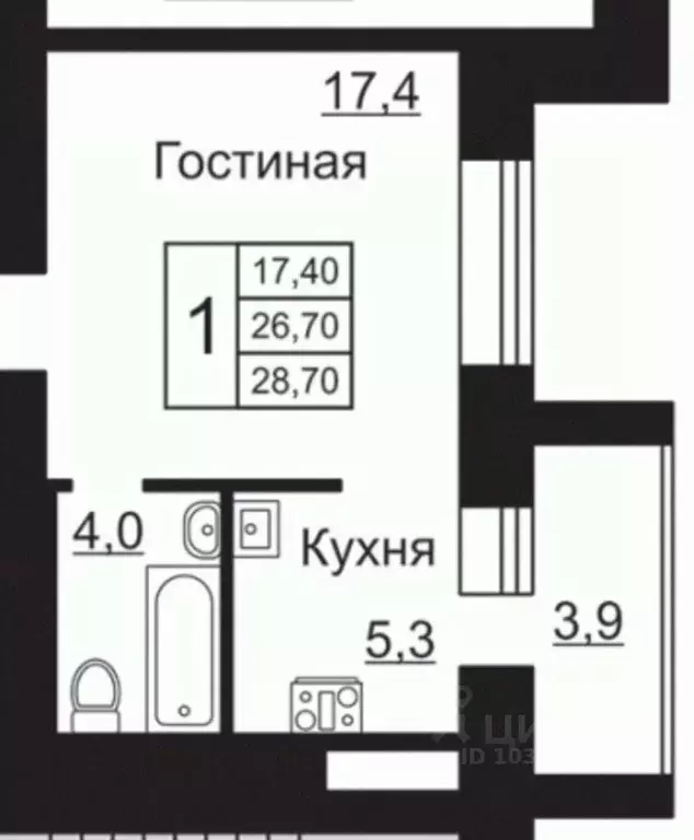 Студия Калужская область, Калуга ул. Пухова, 31 (28.7 м) - Фото 2