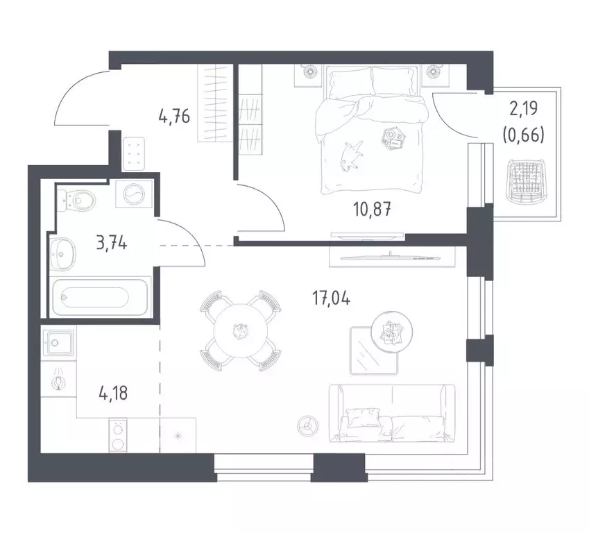 Квартира, 1 комната, 41.25 м - Фото 1