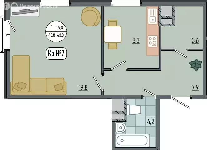 1-комнатная квартира: село Варваровка, улица Калинина, 150к1 (43.4 м) - Фото 1