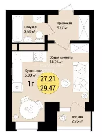 Квартира-студия: Йошкар-Ола, ЖК Дубовый Парк (30 м) - Фото 1