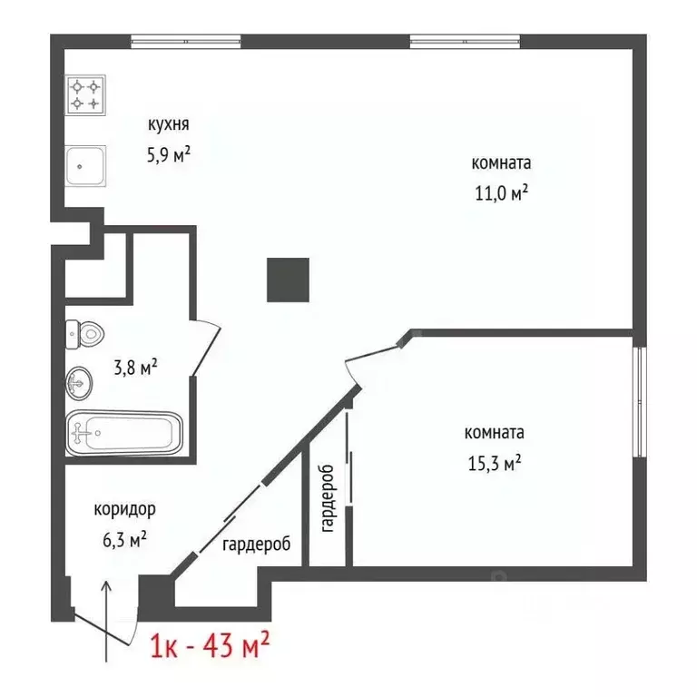 1-к кв. Свердловская область, Екатеринбург ул. Комсомольская, 47 (43.0 ... - Фото 2