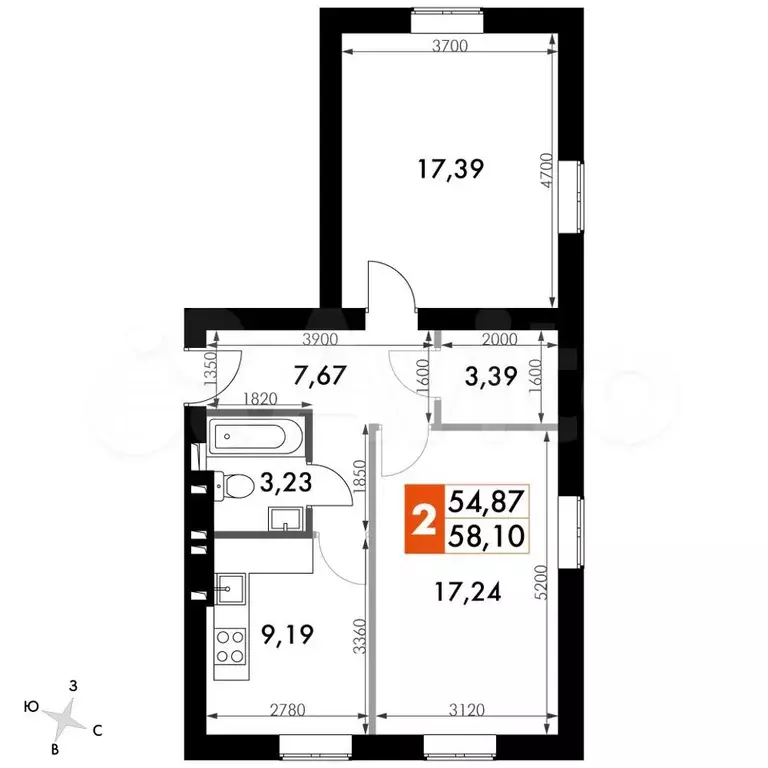 2-к. квартира, 56,8 м, 3/4 эт. - Фото 0