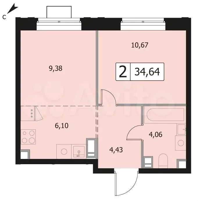 2-к. квартира, 34,6 м, 14/17 эт. - Фото 0