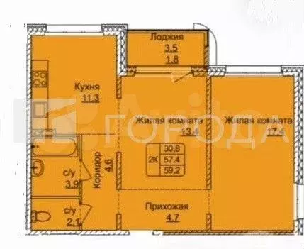 2-к. квартира, 59,2 м, 12/14 эт. - Фото 0