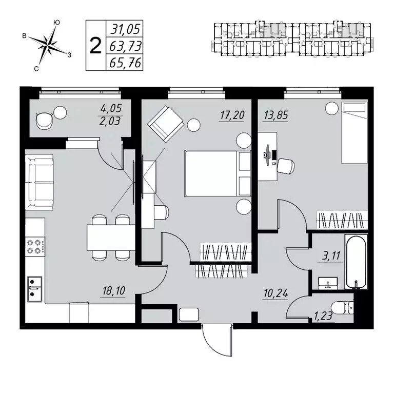 2-комнатная квартира: Тамбов, микрорайон Телецентр (65.76 м) - Фото 1