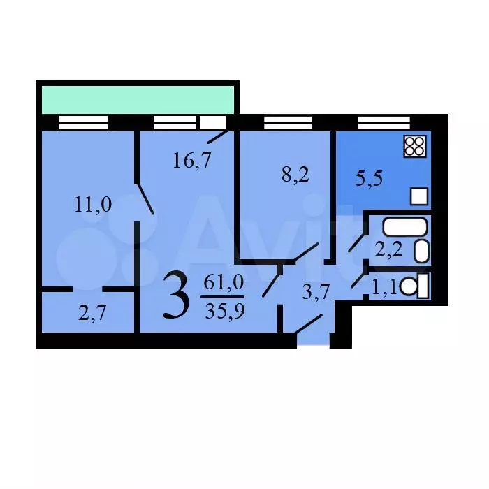 2-к. квартира, 54,8 м, 6/9 эт. - Фото 0