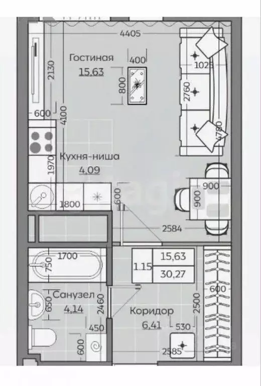 1-к кв. Татарстан, Казань ул. Рауиса Гареева, 103А (30.3 м) - Фото 2