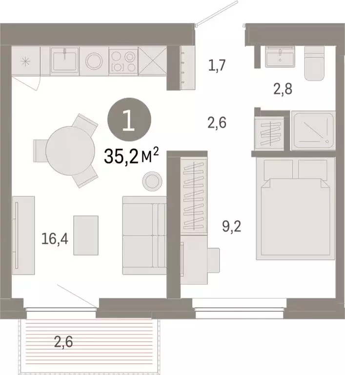 1-комнатная квартира: Тюмень, Мысовская улица, 26к2 (35.22 м) - Фото 1