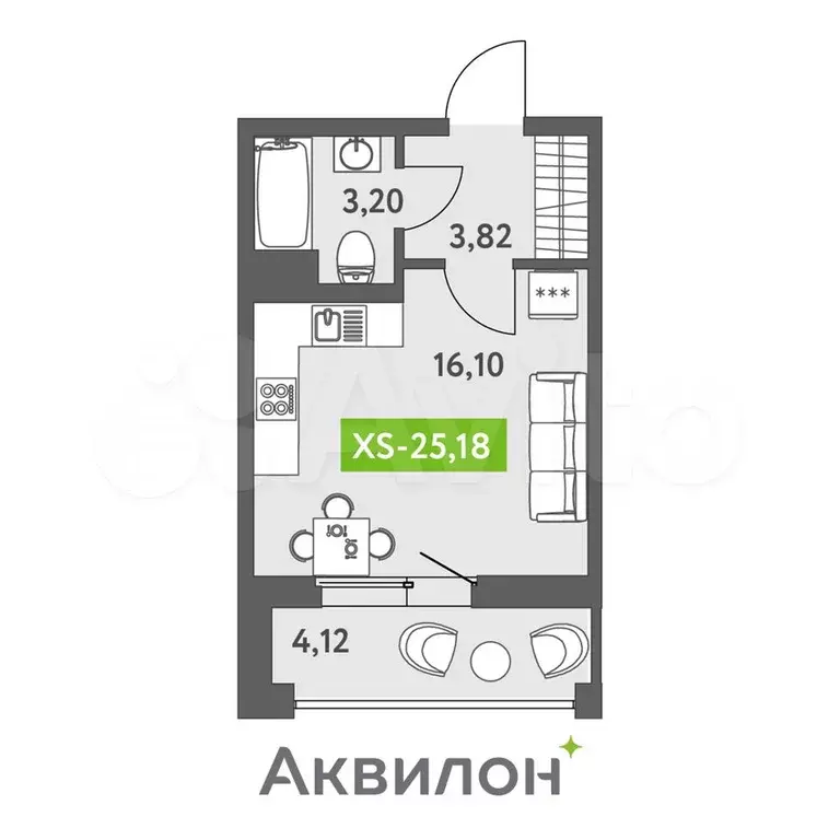 Квартира-студия, 25,8 м, 9/13 эт. - Фото 1