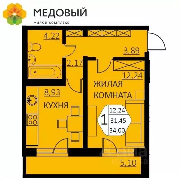 1-к кв. Пермский край, д. Кондратово ул. Г.Н. Нифантова, 4А (34.0 м) - Фото 0