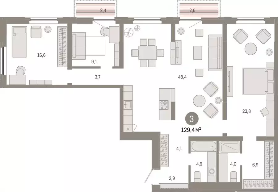 3-комнатная квартира: Тюмень, Мысовская улица, 26к2 (129.44 м) - Фото 1