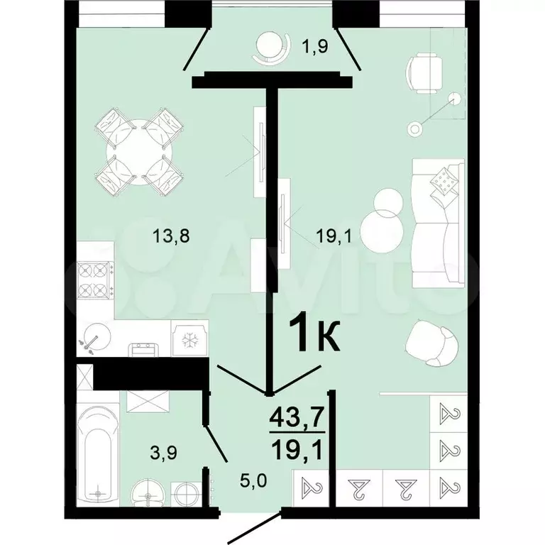 1-к. квартира, 43,7 м, 2/8 эт. - Фото 0