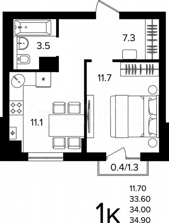 1-к. квартира, 34 м, 3/4 эт. - Фото 1