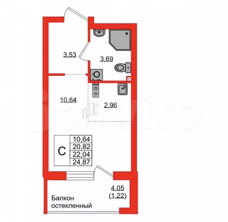 Квартира-студия, 22 м, 1/9 эт. - Фото 1