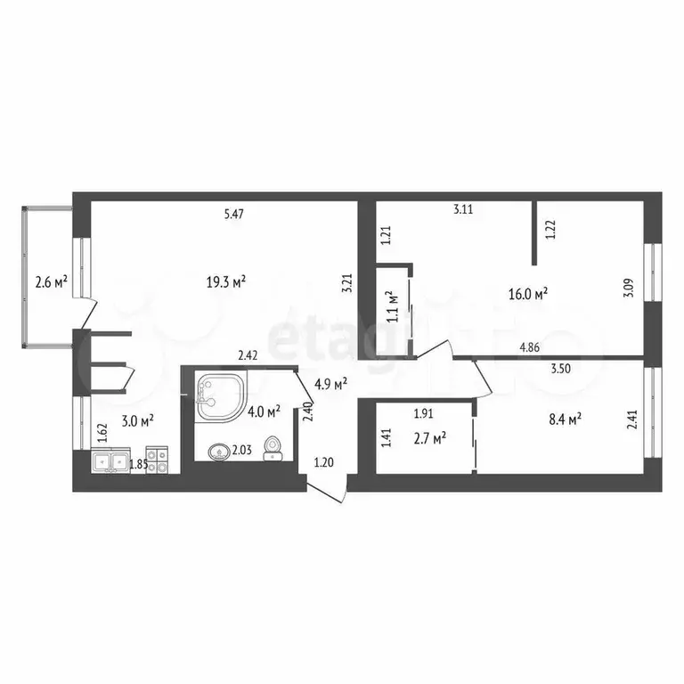 3-к. квартира, 59,8 м, 5/5 эт. - Фото 0