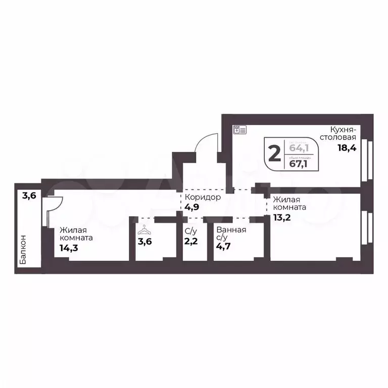 2-к. квартира, 64,1 м, 8/9 эт. - Фото 0