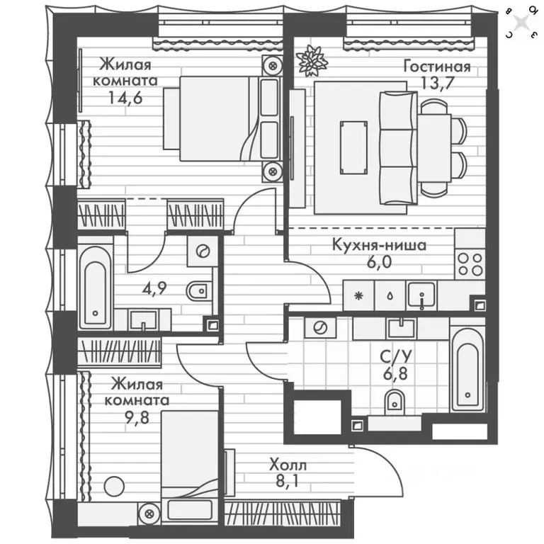 3-к кв. Нижегородская область, Нижний Новгород Черниговская ул. (63.9 ... - Фото 2