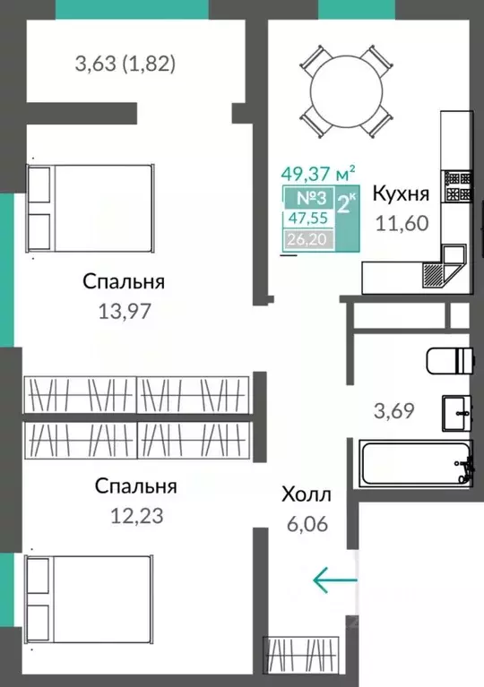 2-к кв. Крым, Симферополь просп. Александра Суворова (49.37 м) - Фото 0