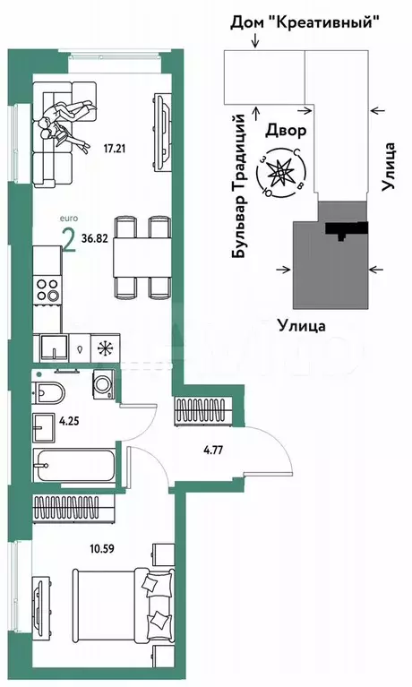 2-к. квартира, 36,8 м, 11/15 эт. - Фото 0