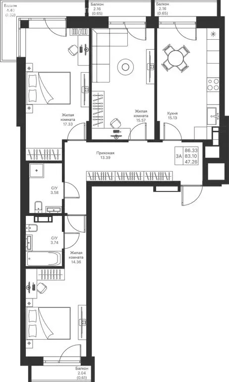 3-комнатная квартира: Казань, ЖК Мой Ритм (86.33 м) - Фото 1