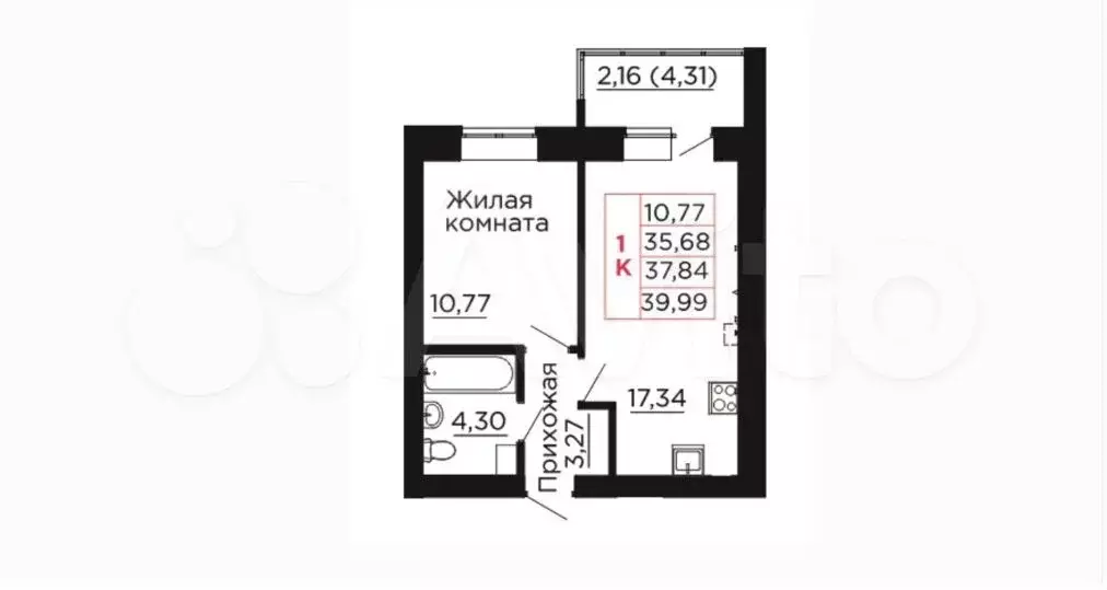 1-к. квартира, 40 м, 4/4 эт. - Фото 1