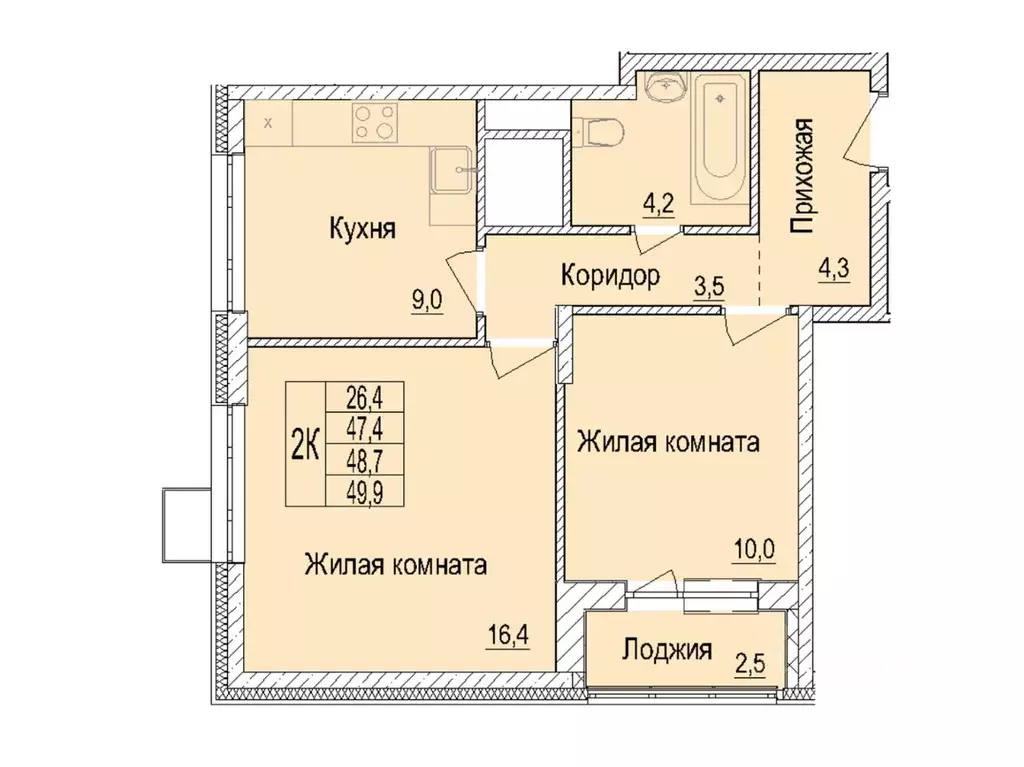 2-к кв. Московская область, Мытищи Медицинская ул., 2Б (47.4 м) - Фото 0