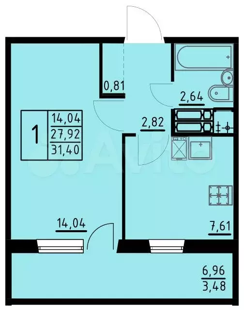 1-к. квартира, 31,4м, 5/10эт. - Фото 0