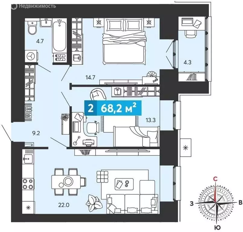 2-комнатная квартира: Засечное, микрорайон Город Спутник (68.2 м) - Фото 0