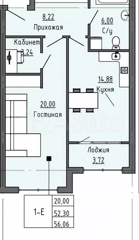 Своб. планировка, 56,1 м, 16/19 эт. - Фото 1