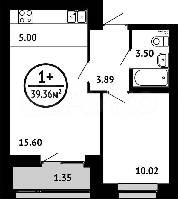 1-к. квартира, 39,4 м, 6/6 эт. - Фото 0