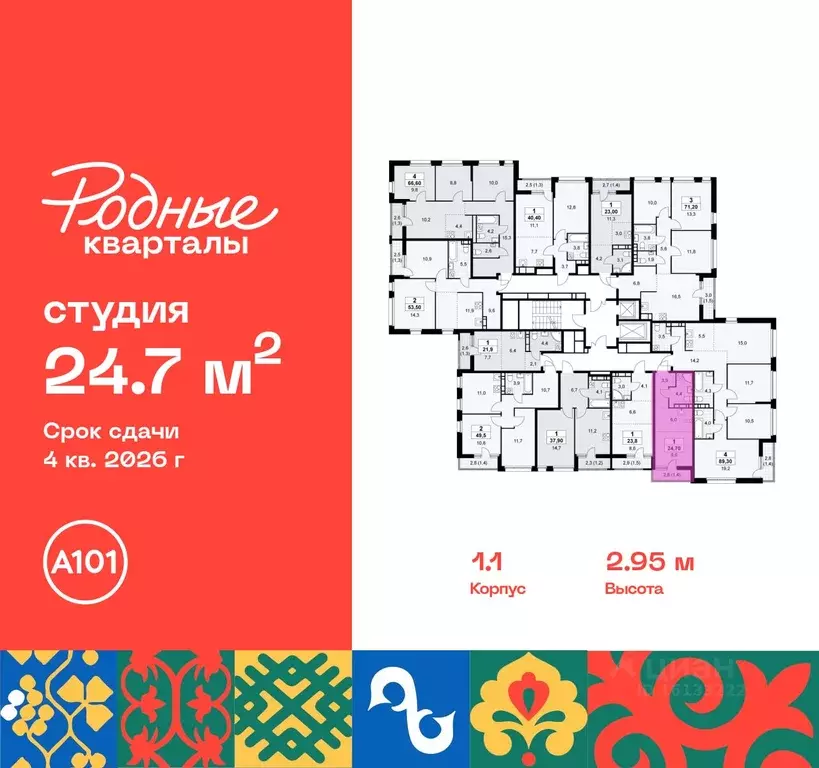 Студия Москва Родные кварталы жилой комплекс, 1.2 (24.7 м) - Фото 1