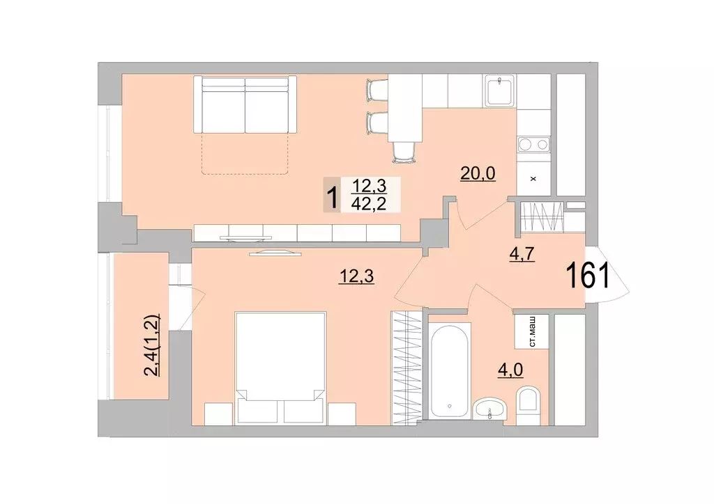 1-комнатная квартира: Екатеринбург, Черкасская улица, 5к3 (42.2 м) - Фото 0