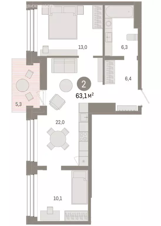 2-комнатная квартира: Тюмень, улица Муравленко, 9/2 (63.06 м) - Фото 1