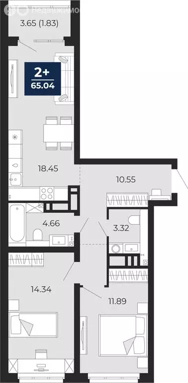 2-комнатная квартира: Тюмень, Арктическая улица, 14 (66.86 м) - Фото 1