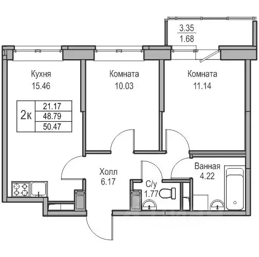 2-к кв. Санкт-Петербург ул. Ивинская, 1к3 (48.79 м) - Фото 0