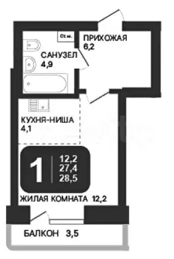 Квартира-студия, 28,1 м, 8/24 эт. - Фото 0