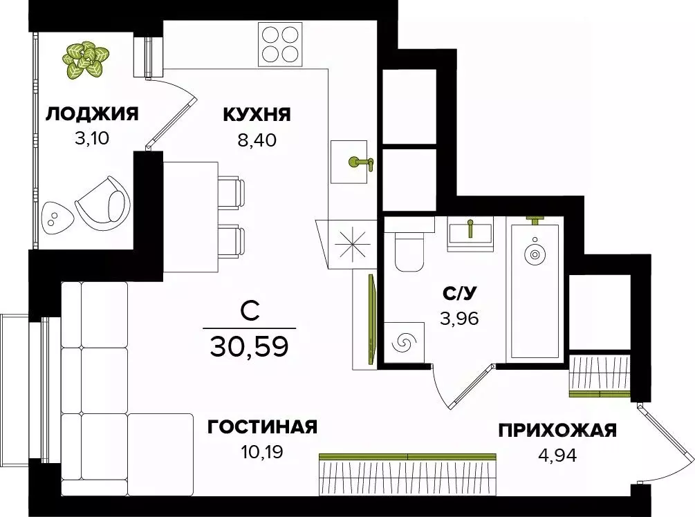 Студия Тульская область, Тула  (30.59 м) - Фото 0