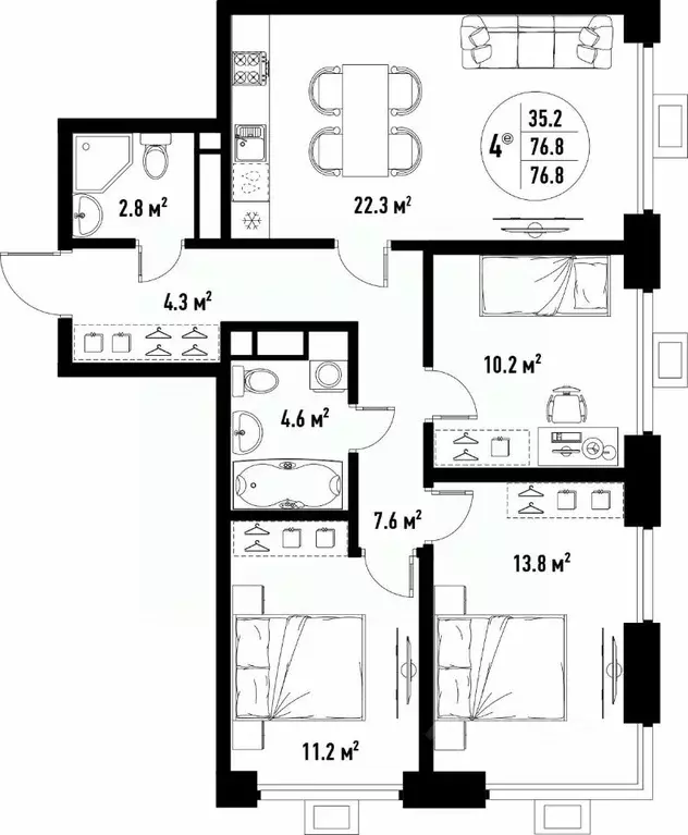 4-к кв. Астраханская область, Астрахань ул. Бэра, 29 (76.8 м) - Фото 2