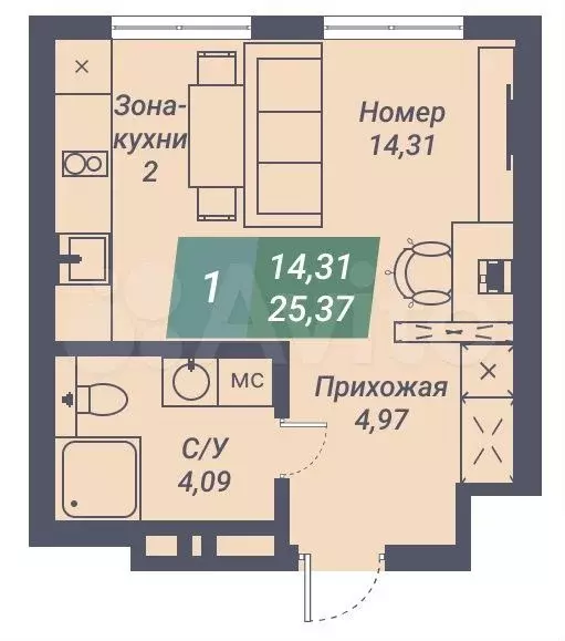 Апартаменты-студия, 25,4 м, 5/23 эт. - Фото 0